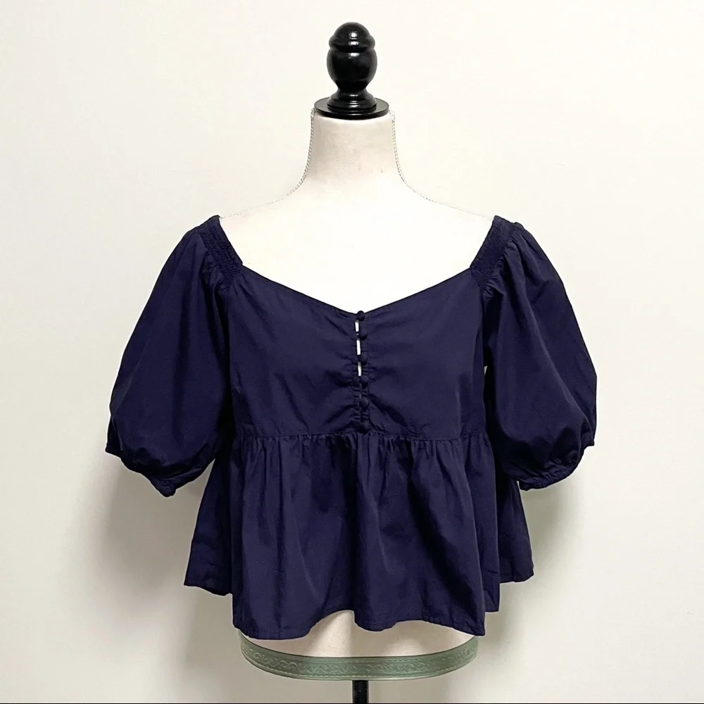 Free People Navy Veronica V Neck Buttons Top 1/2 Puff Sleeves NWT Small Peplum - Picture 3 of 10